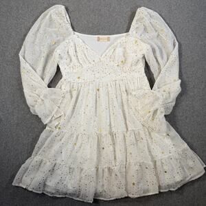 Altard State White Gold Star Tiered Ruffle Mini Dress Size Medium Puff Sleeve